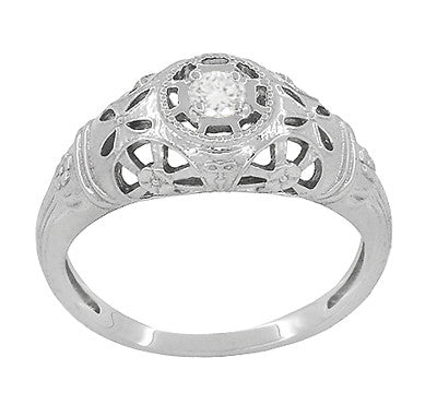 Low Dome Art Deco Filigree White Sapphire Ring in 14 Karat White Gold - Item: R428WWS - Image: 3