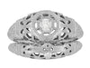 Low Dome Art Deco Filigree White Sapphire Ring in 14 Karat White Gold