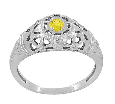 Art Deco Floral Filigree Low Dome Yellow Sapphire Ring in 14 Karat White Gold - alternate view