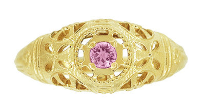 Art Deco Filigree Pink Sapphire Ring in 14 Karat Yellow Gold - Item: R428YPS - Image: 4