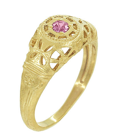 Art Deco Filigree Pink Sapphire Ring in 14 Karat Yellow Gold - Item: R428YPS - Image: 2