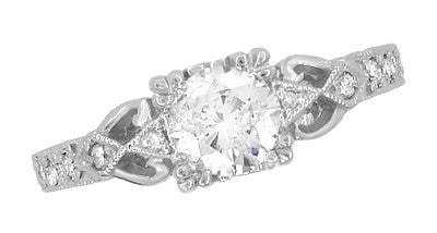 Top of Vintage Diamond Engagement Ring with Side Hearts, Art Deco Engraving and Filigree - 3/4 Carat White Gold - R459DR75