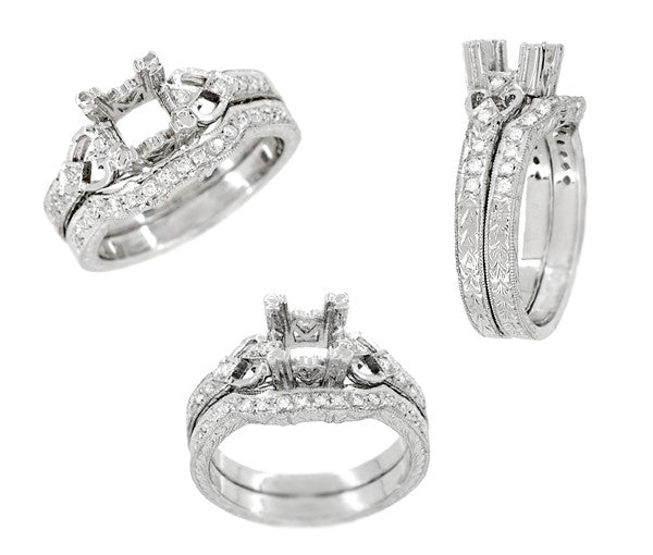 Loving Hearts 3/4 Carat Antique Style Platinum Art Deco Engraved Engagement Ring Setting - Item: R459P - Image: 4