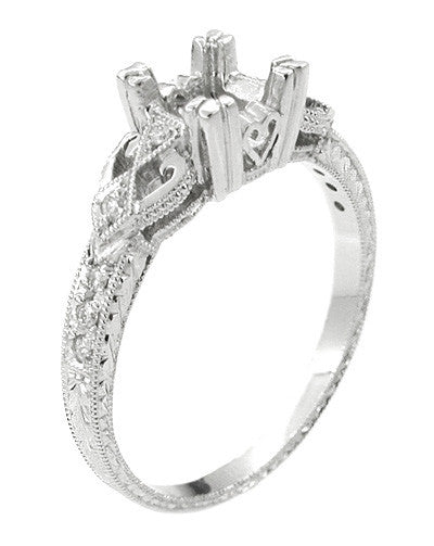 Loving Hearts Art Deco 1 Carat Round or Princess Cut Diamond Engraved Antique Style Platinum Engagement Ring Setting - Item: R459P1 - Image: 3