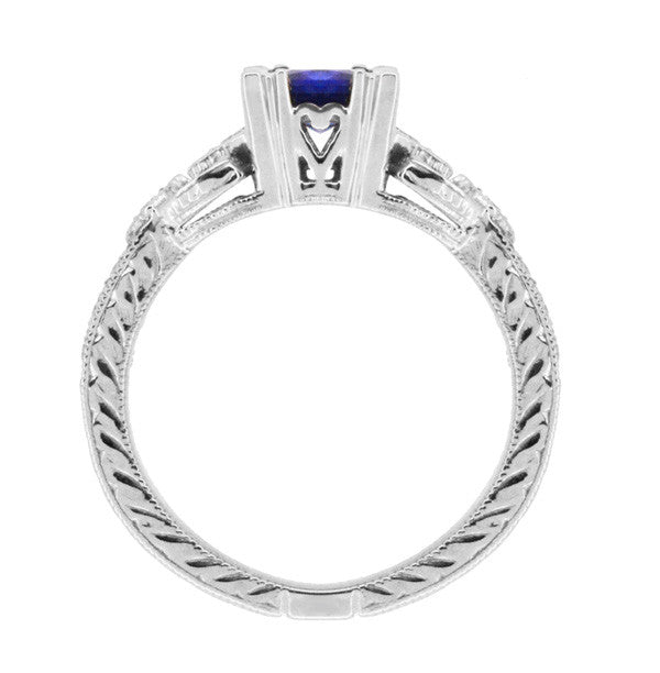 Art Deco Loving Hearts Princess Cut Blue Sapphire Vintage Style Engraved Engagement Ring in Platinum - Item: R459PS - Image: 5