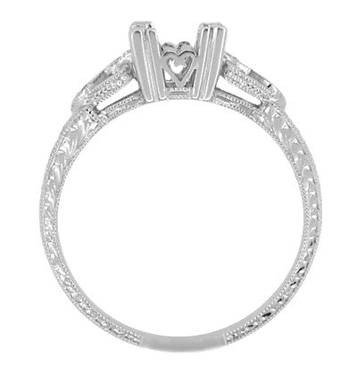 Art Deco Antique Style Loving Hearts Engraved Engagement Ring Mounting for a 1 Carat Round or Princess Cut Diamond in White Gold - 14K or 18K - Item: R459W1K14 - Image: 3