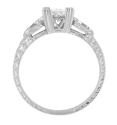 Loving Hearts 1 Carat Princess Cut Diamond Antique Style Engraved Art Deco Engagement Ring in 18K White Gold - Item: R459W1D-LC - Image: 3