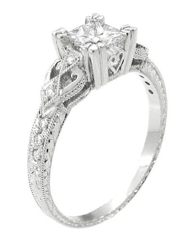 Loving Hearts 1 Carat Princess Cut Diamond Antique Style Engraved Art Deco Engagement Ring in 18K White Gold - alternate view