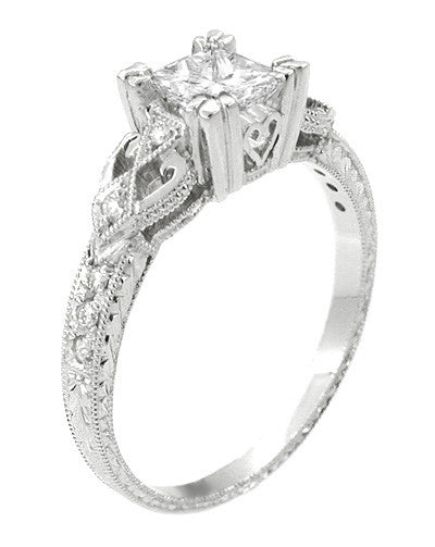Loving Hearts 1 Carat Princess Cut Diamond Antique Style Engraved Art Deco Engagement Ring in 18K White Gold - Item: R459W1D-LC - Image: 2