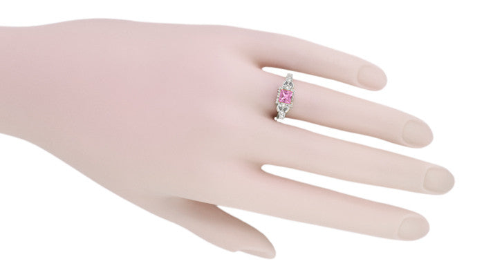 Loving Hearts Art Deco Antique Style Engraved Princess Cut Pink Sapphire Engagement Ring in 18 Karat White Gold - Item: R459WPS - Image: 6