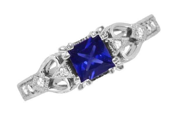 Vintage Inspired Loving Hearts Square Princess Cut Blue Sapphire Carved Art Deco Engagement Ring in 18 Karat White Gold - Item: R459WS - Image: 6