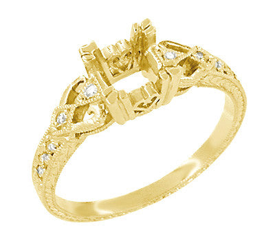 Yellow Gold Loving Hearts Art Deco Engraved Antique Style Engagement Ring Setting for a 1 Carat Princess Cut or Round Diamond - Item: R459Y1K14 - Image: 2