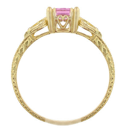 Art Deco Loving Hearts Antique Style Princess Cut Pink Sapphire Engraved Engagement Ring in 18 Karat Yellow Gold - Item: R459YPS - Image: 4