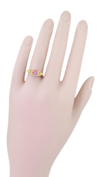 Art Deco Loving Hearts Antique Style Princess Cut Pink Sapphire Engraved Engagement Ring in 18 Karat Yellow Gold - Item: R459YPS - Image: 5