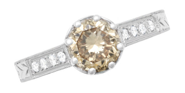 Art Deco Crown 1 Carat Caramel Diamond Engagement Ring in 18 Karat White Gold - Item: R460CD - Image: 3