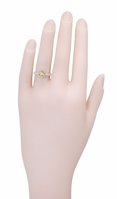 Art Deco Crown 1 Carat Caramel Diamond Engagement Ring in 18 Karat White Gold - Item: R460CD - Image: 5