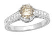 Art Deco Crown 1 Carat Caramel Diamond Engagement Ring in 18 Karat White Gold