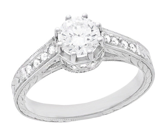 Royal Crown 1/2 Carat Antique Style Engraved Engagement Ring in 18 Karat White Gold - Item: R460D - Image: 2