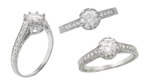 Royal Crown 3/4 Carat Engraved Art Deco Vintage Inspired Platinum Engagement Ring Setting - Item: R460P - Image: 3