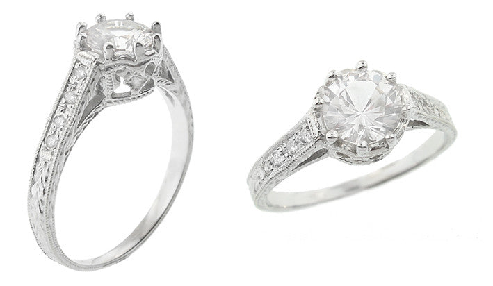 Royal Crown 1 - 1.25 Carat Antique Style Engraved Platinum Engagement Ring Setting - Item: R460P1 - Image: 3
