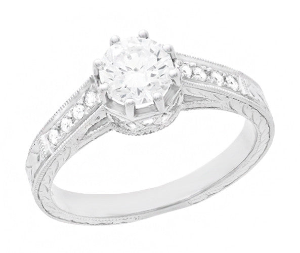 Royal Crown 1/2 Carat Antique Style Engraved Engagement Ring in Platinum - Item: R460PD - Image: 2