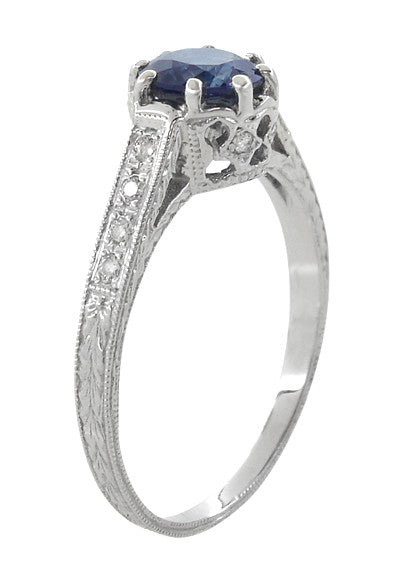 Art Deco Royal Crown 1 Carat Blue Sapphire Engraved Engagement Ring in Platinum - Item: R460PS - Image: 3