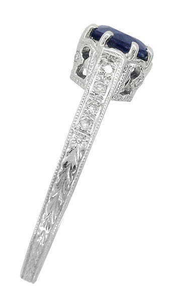 Art Deco Royal Crown 1 Carat Blue Sapphire Engraved Engagement Ring in Platinum - Item: R460PS - Image: 4
