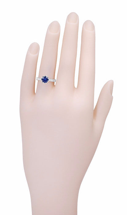Art Deco Royal Crown 1 Carat Blue Sapphire Engraved Engagement Ring in Platinum - Item: R460PS - Image: 6