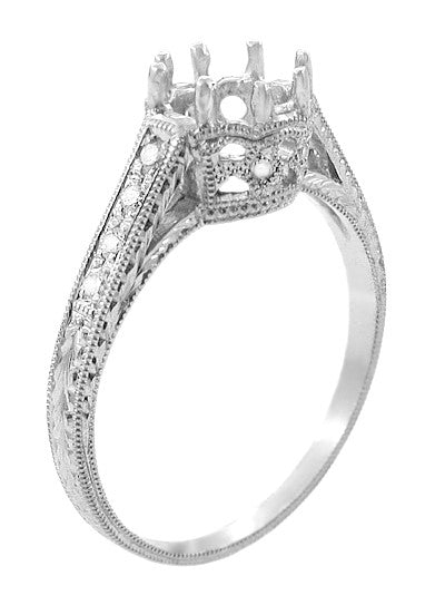 Royal Crown Antique Style Engraved White Gold Engagement Ring Setting for a 1 Carat Round Diamond