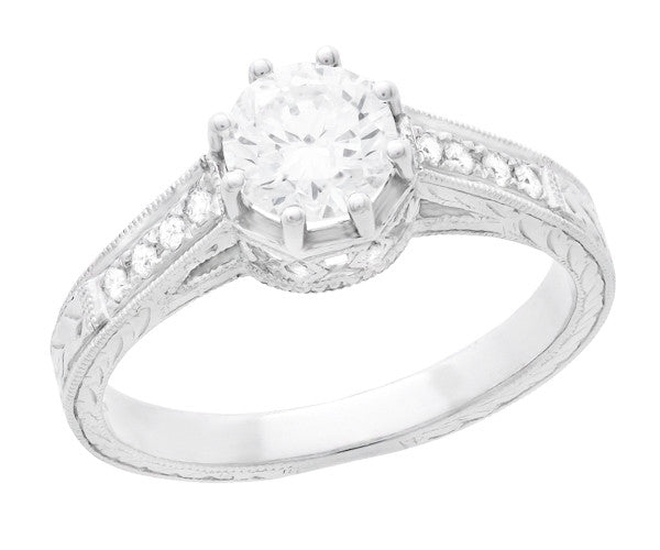 Art Deco 3/4 Carat Antique Style Engraved Crown Engagement Ring in 18 Karat White Gold - Item: R460W75D - Image: 3