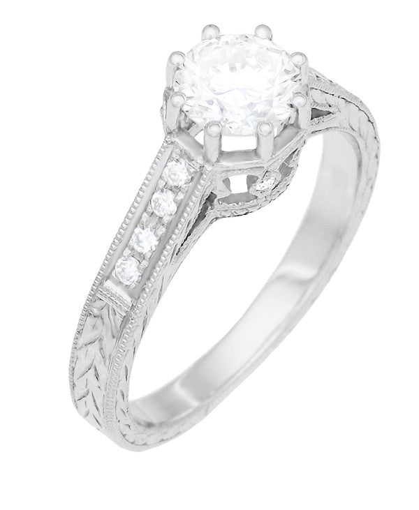 Art Deco 3/4 Carat Antique Style Engraved Crown Engagement Ring in 18 Karat White Gold - Item: R460W75D - Image: 2