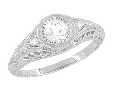Art Deco Engraved Vintage Filigree Diamond Low Profile Engagement Ring in 14K White Gold - Halo Bezel -  R464