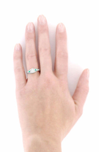Art Deco Vintage Engraved Filigree Diamond Engagement Ring with Emerald Side Stones in 14 Karat White Gold - Item: R464E - Image: 3