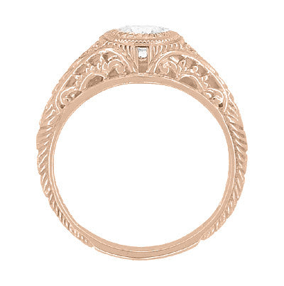 Art Deco Engraved Filigree Diamond Engagement Ring in 14 Karat Rose ( Pink ) Gold - Item: R464R-LC - Image: 3
