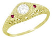 Yellow Gold Filigree Antique Diamond Engagement Ring with Ruby Side Stones - R464YR