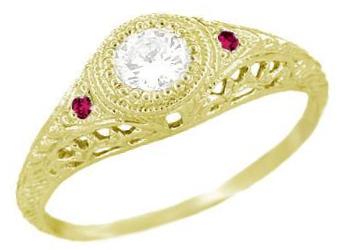 Yellow Gold Filigree Antique Diamond Engagement Ring with Ruby Side Stones - R464YR