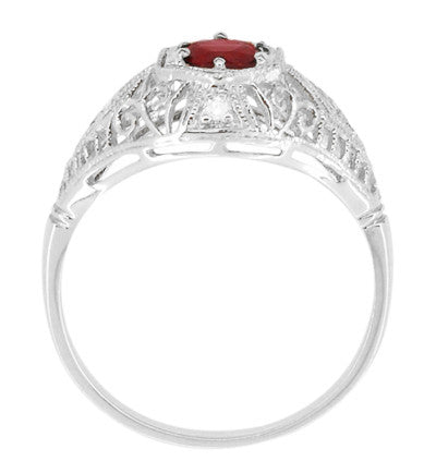 Edwardian Ruby and Diamonds Scroll Dome Filigree Engagement Ring in 14 Karat White Gold - Item: R471 - Image: 4