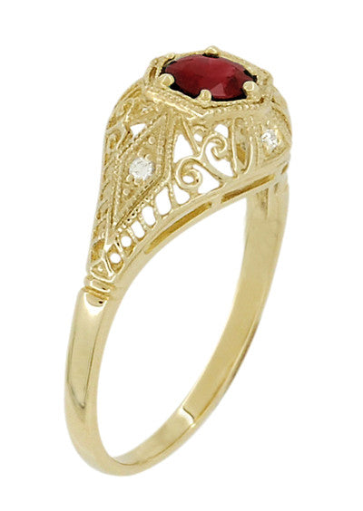Edwardian Yellow Gold Scroll Dome Filigree Ruby Engagement Ring with Side Diamonds - Item: R471Y - Image: 3