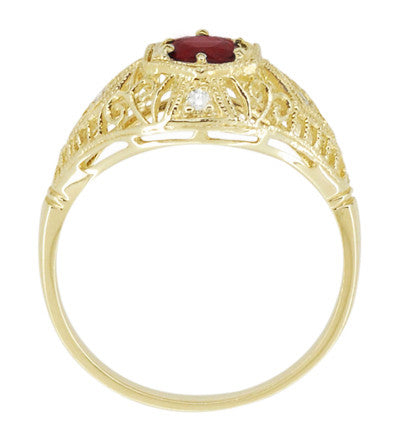 Edwardian Yellow Gold Scroll Dome Filigree Ruby Engagement Ring with Side Diamonds - Item: R471Y - Image: 4