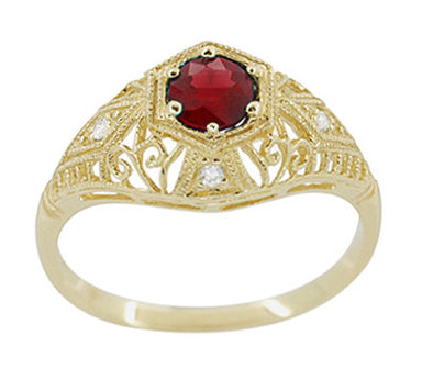 Edwardian Yellow Gold Scroll Dome Filigree Ruby Engagement Ring with Side Diamonds - alternate view