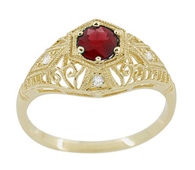 Edwardian Yellow Gold Scroll Dome Filigree Ruby Engagement Ring with Side Diamonds - Item: R471Y - Image: 2