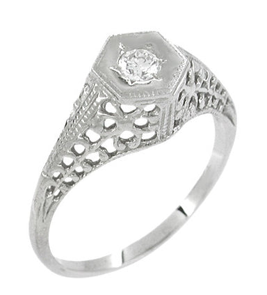 Art Deco Filigree Diamond Antique Engagement Ring in 14 Karat White Gold - alternate view