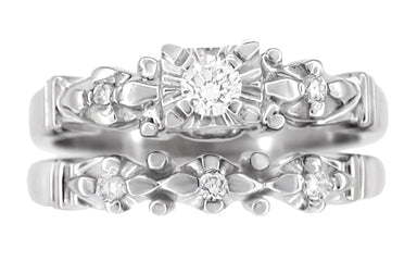 Platinum Retro Modern 1950's Style Starburst Diamond Bridal Engagement and Wedding Ring Set - alternate view