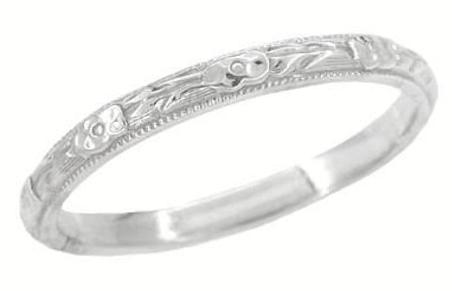Platinum Edwardian Antique Wedding Ring with Carved Roses and Evergreen Leaves