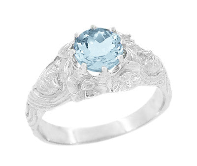 Art Nouveau Crowned Ladies Aquamarine Ring in 14 Karat White Gold - Item: R494 - Image: 2