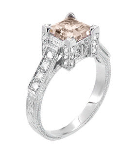 Art Deco 1 Carat Princess Cut Morganite and Diamond Platinum Engagement Ring - Item: R495M - Image: 2