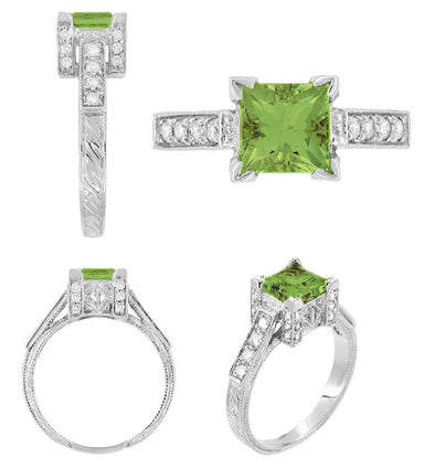 Art Deco 1 Carat Princess Cut Peridot and Diamond Engagement Ring in Platinum - alternate view