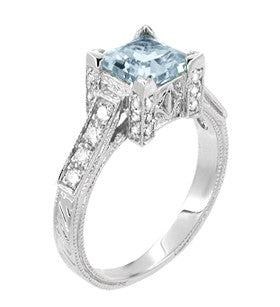 Castle Setting 1920s Art Deco Filigree Vintage 1 Carat Square Princess Cut Aquamarine Engagement Ring in White Gold with Diamonds - R496A
