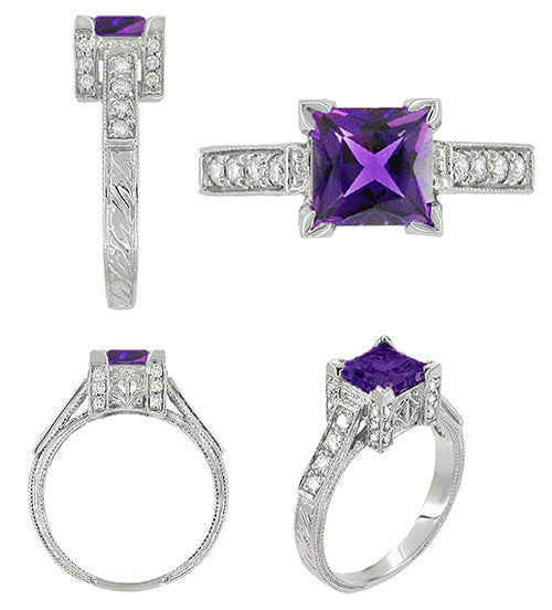 Views of 1920s White Gold Vintage Square Amethyst Engagement Ring with Diamonds on Sides - Engraved Filigree Castle Setting - R496AM