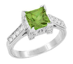 Art Deco 1 Carat Princess Cut Peridot and Diamond Engagement Ring in 18 Karat White Gold